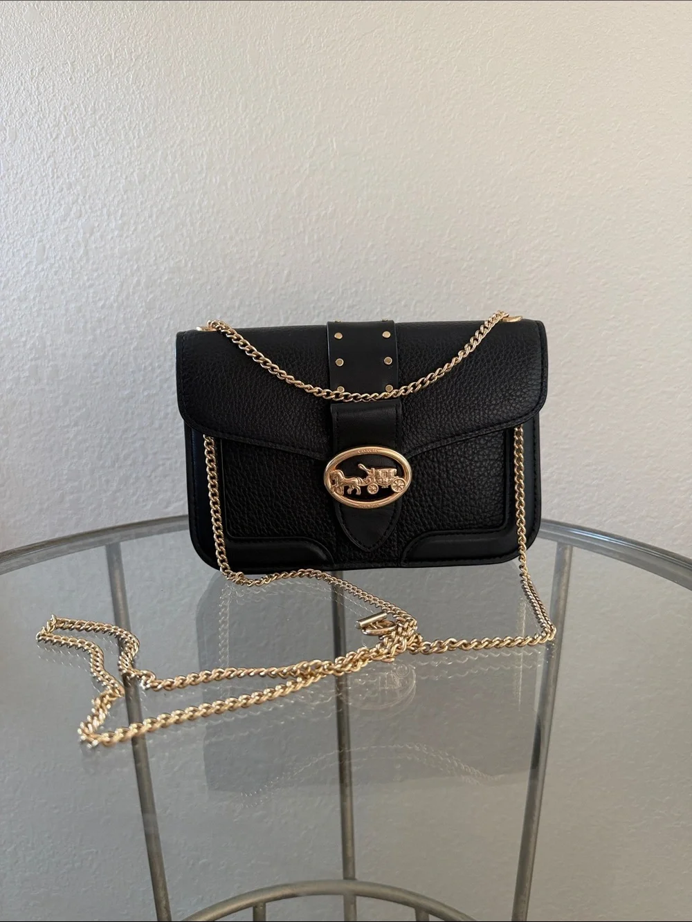 Black Leather Chain Shoulder Bag with Gold Hardware - Designer Style
